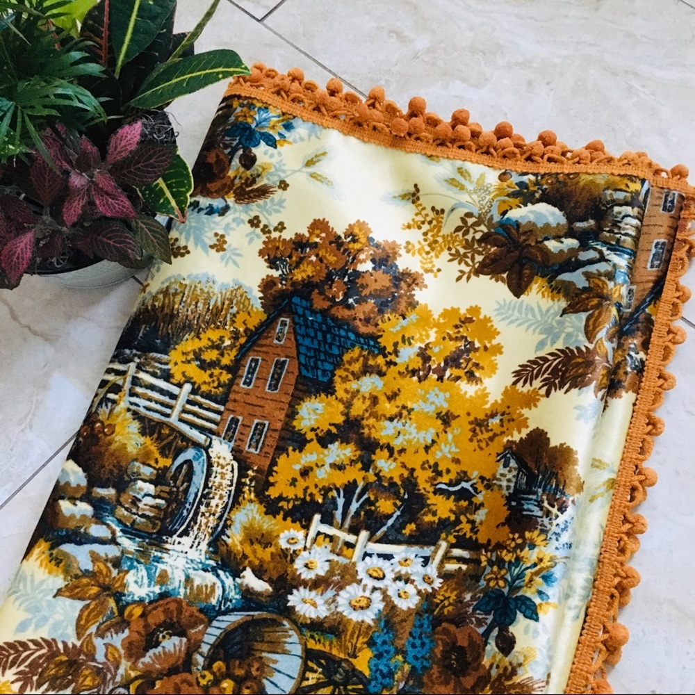 Vintage 70s Country Cottage Water Wheel Tapestry Pom Pom Edges | 56” x 72”